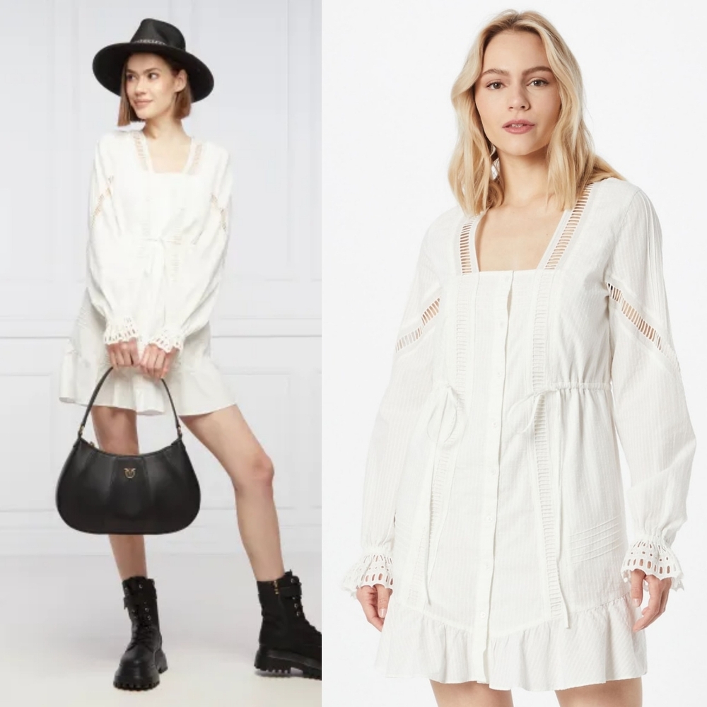 The Kooples Embroidered Lace Tie Waist Dobby Square-Neck Flounce Shirtdress Sz M - Picture 5 of 16